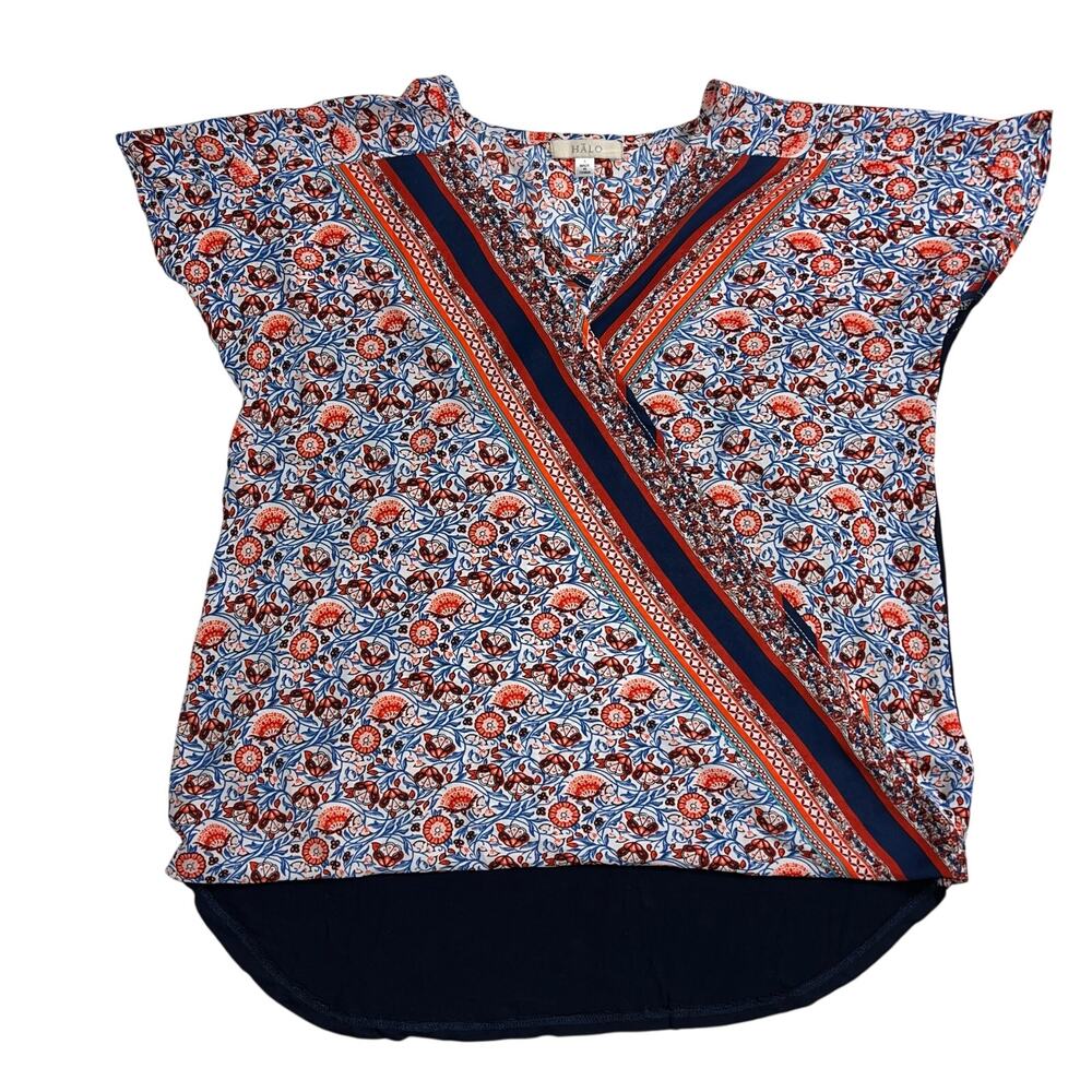 Halo Womens Blouse Top Shirt Floral Print Faux Wrap Pullover Short Sleeve Small